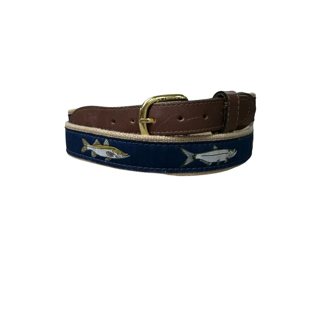 Zep-Pro Mens Webbed Canvas Belt Navy Tan Leather Brass Buckle Made in USA 46